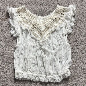 Boho Crochet Yoke Short Sleeve Top in Cream